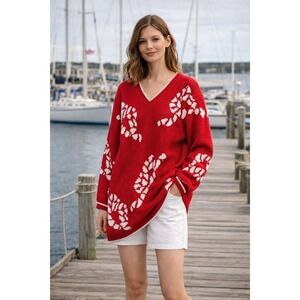 Y2K  Adrienne Vittadini Oversized Red Rope Print Nautical Sweater Coastal Chic